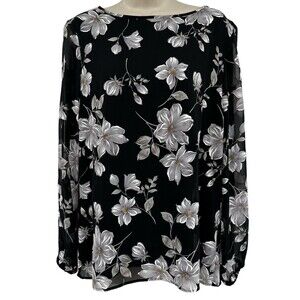 Nine West Blouse Medium Women's Black White Floral Chiffon Sheer Long Sleeve